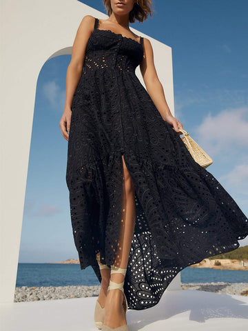 Woochic robe longue découpée bretelles fendue encolure carrée noir S